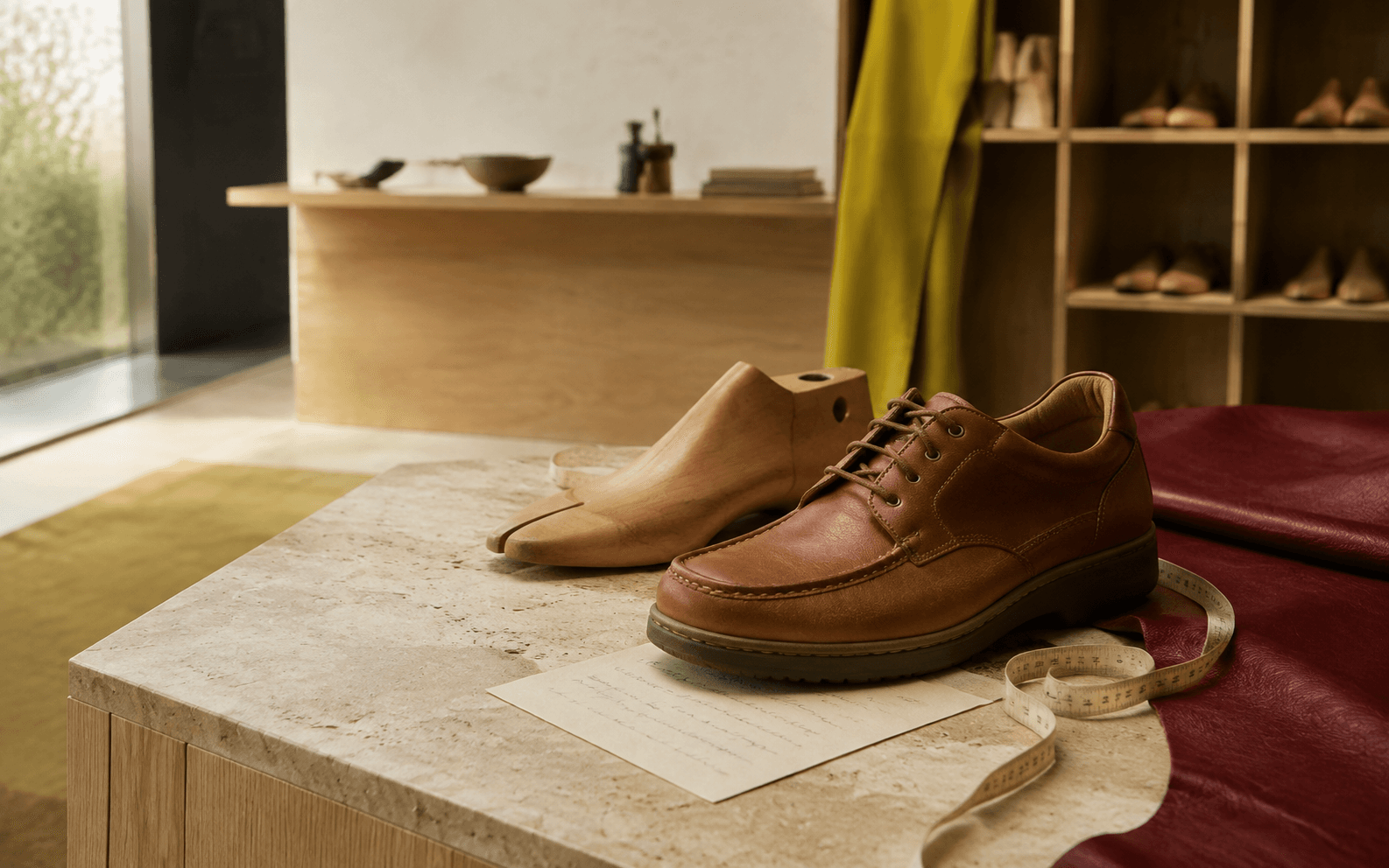 Leren wandelschoen, houten leest en meetlint in een warme schoenwinkel